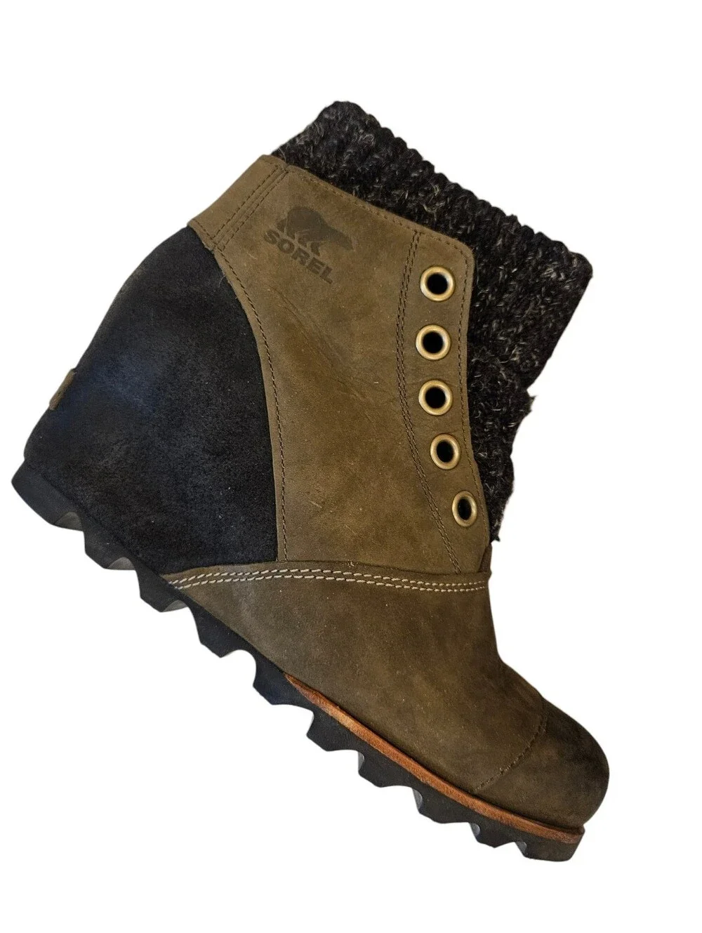 Sorel Joanie Sweater Olive Brown Wedge Ankle Boots Dark Knit Cuff 8.5